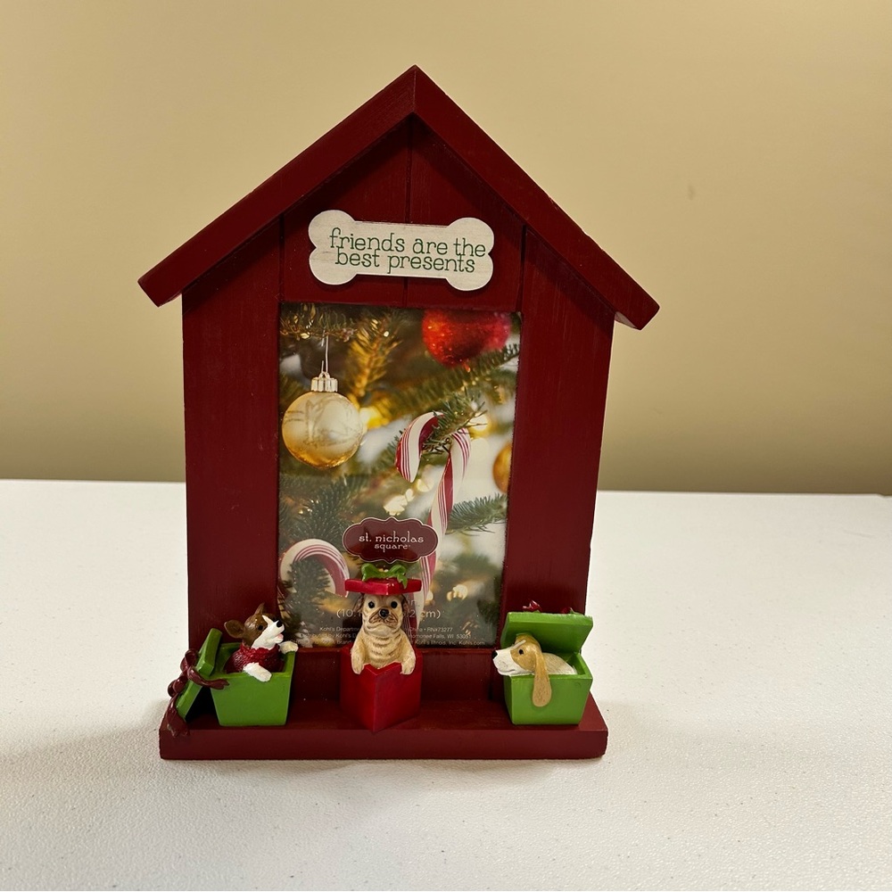 St. Nicholas Square Red Frame with doggie Accents Christmas theme
